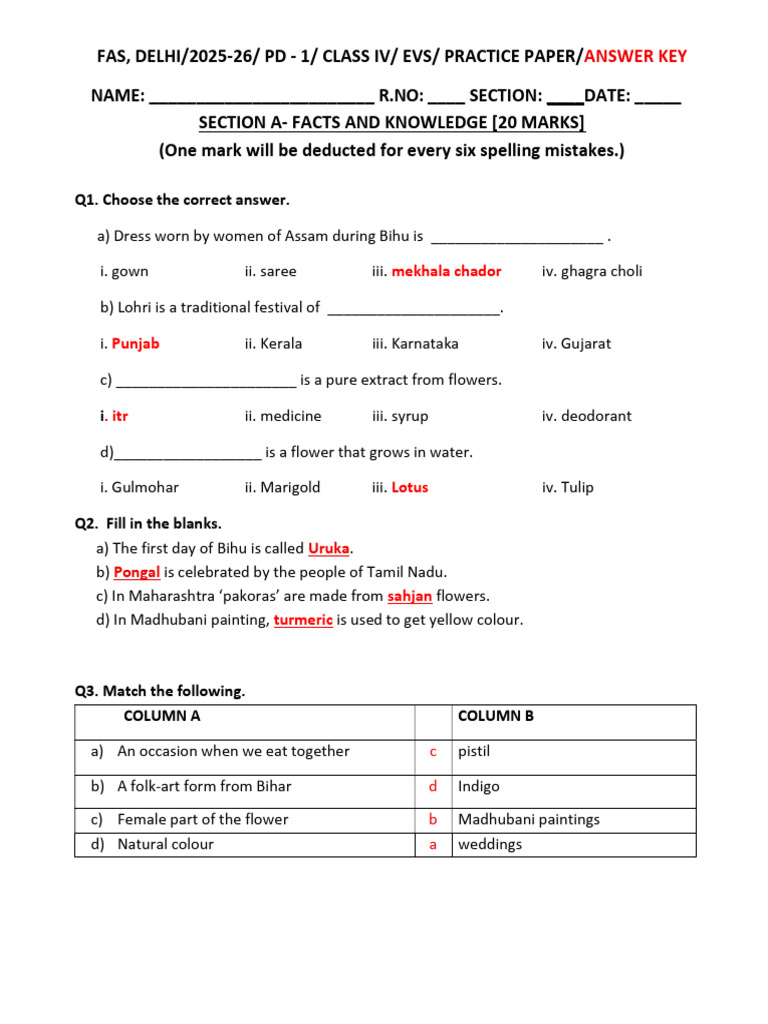 Class 4 EVS Practice Paper Answer Key | PDF