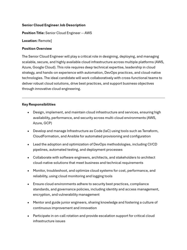 Senior Cloud Engineer Job Description | PDF | Cloud Computing ...