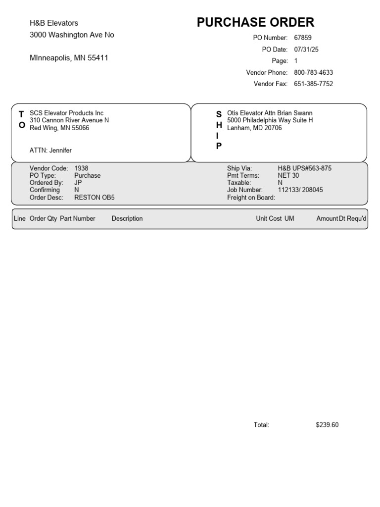 H&B Elevators Purchase Order Details | PDF