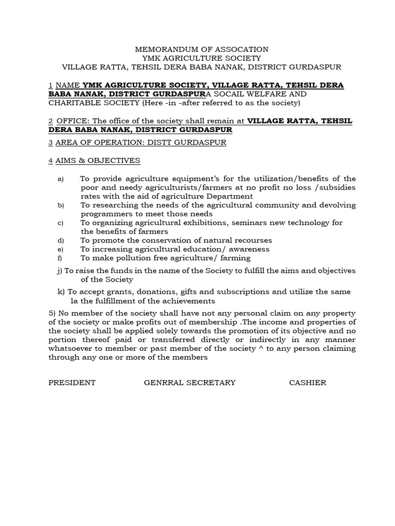 Memorandum of Assocation Ymk Agriculture Society Village Ratta Tehsil ...