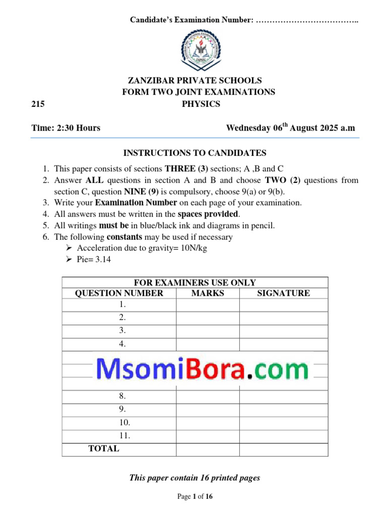 Form Two Physics Joint Examination | PDF | Capacitance | Force