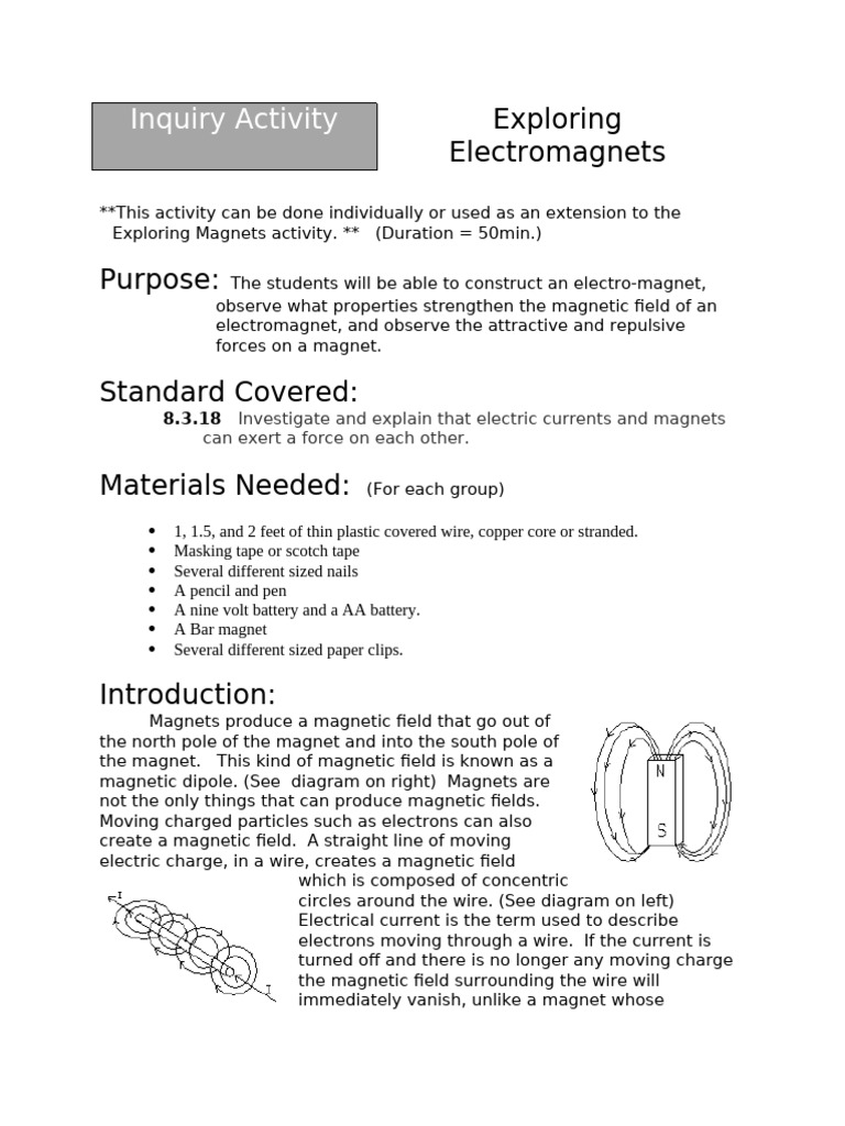 Exploring Electromagnets Activity Guide | PDF | Magnetic Field | Magnetism