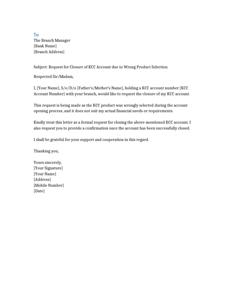 KCC Account Closure Request Letter | PDF