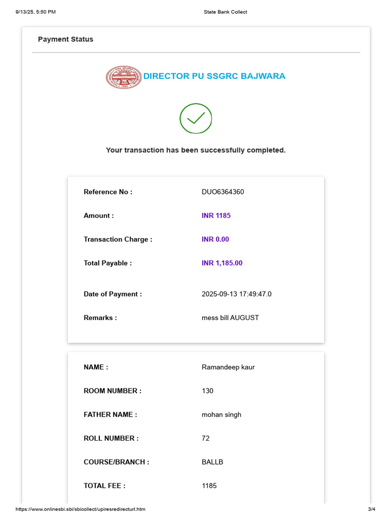 State Bank Collect August | PDF