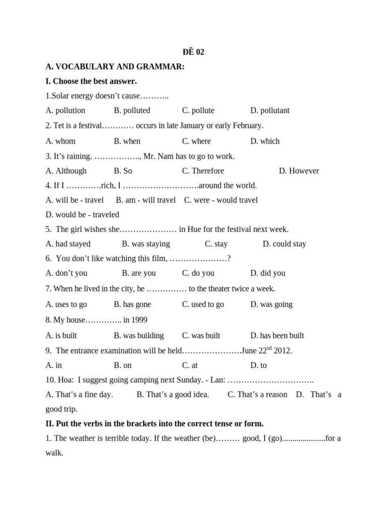 Vocabulary and Grammar Practice Test | PDF | Pollution