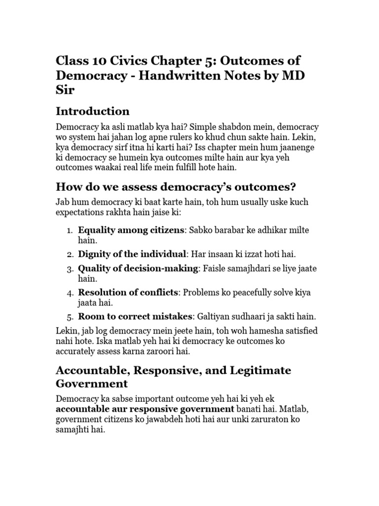 Outcomes of Democracy: Class 10 Notes | PDF | Democracy | Political ...