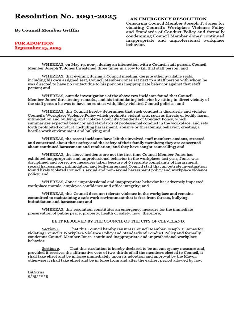 Censure of Councilman Joseph T. Jones | PDF | Harassment | Violence