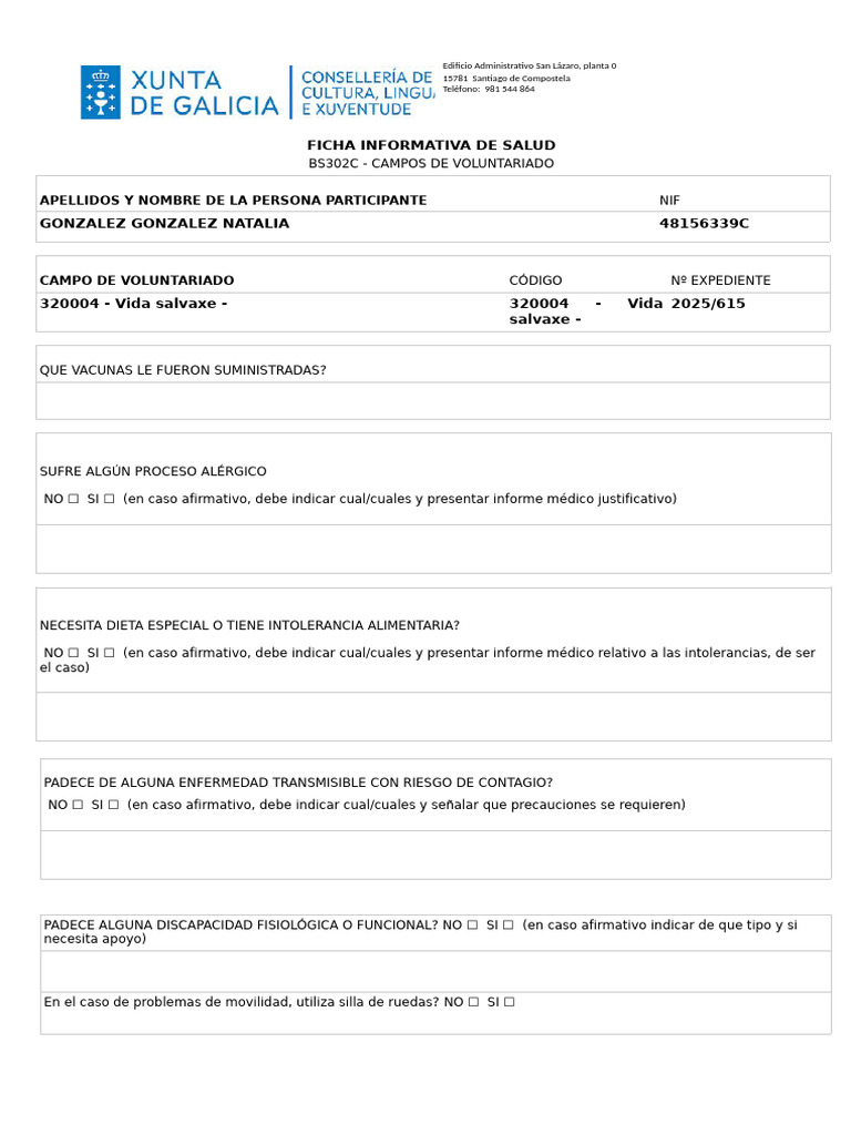Ficha Informativa de Salud Voluntariado | PDF