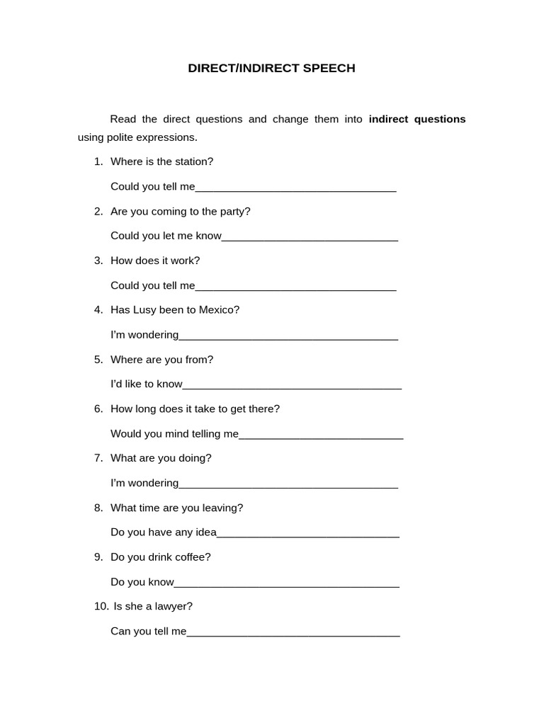 Direct and Indirect Speech Exercises | PDF