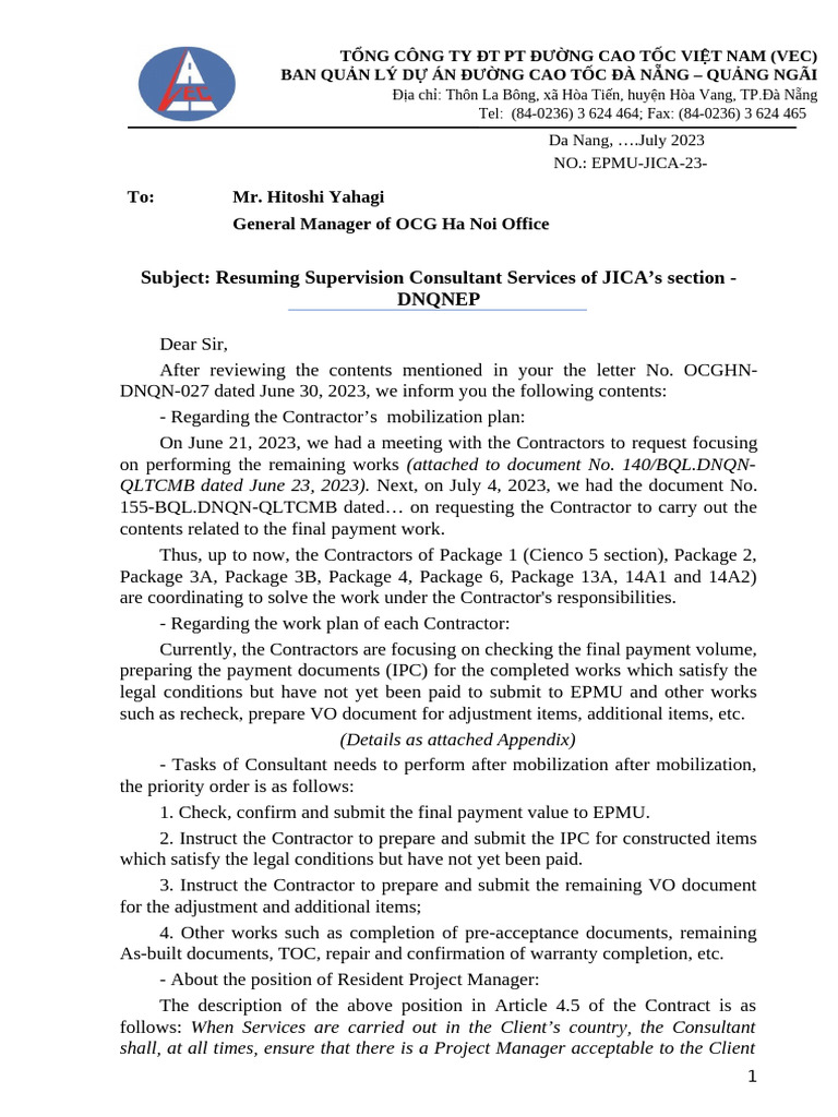 VEC Project Management Update July 2023 | PDF