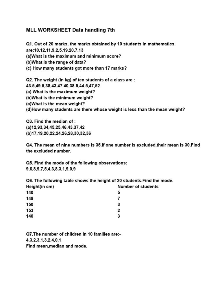 Grade 7 Data Handling Worksheet | PDF