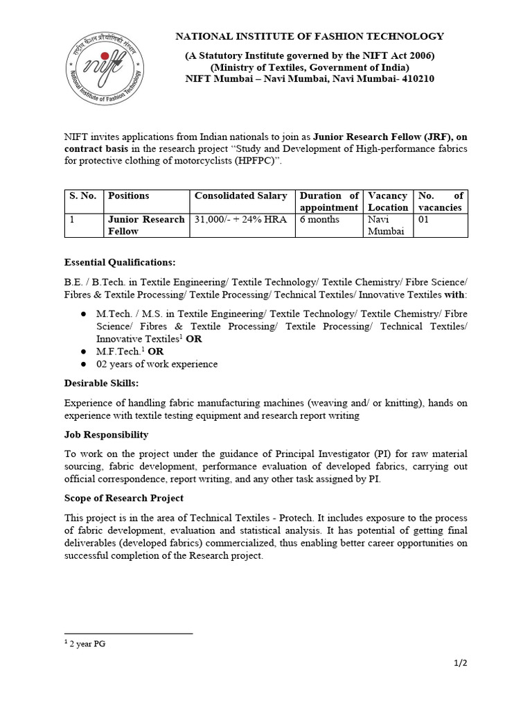 JRF Position in Textile Technology at NIFT | PDF | Textiles | Textile ...