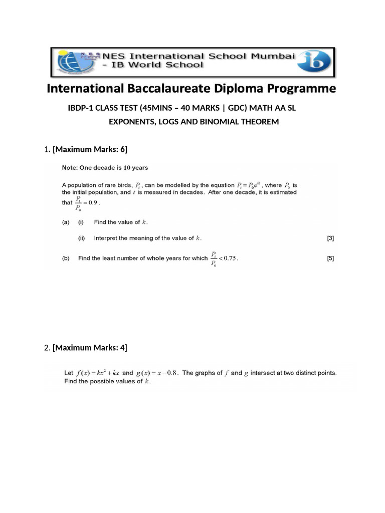 IBDP Math AA SL Test: Exponents & Logs | PDF
