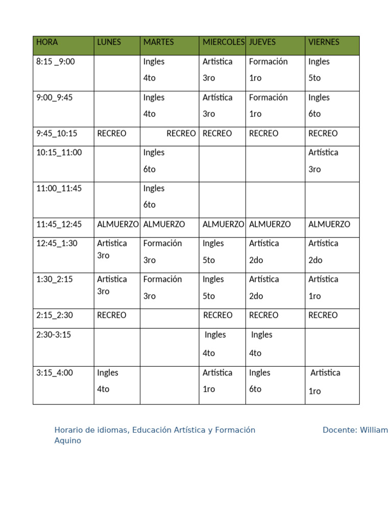 Horario de Clases de Inglés y Artística | PDF