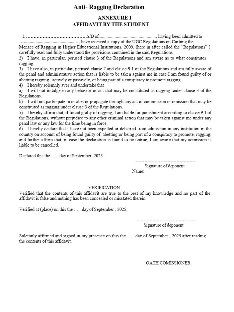 Anti-Ragging Student Affidavit Template | PDF | Affidavit | Practice Of Law