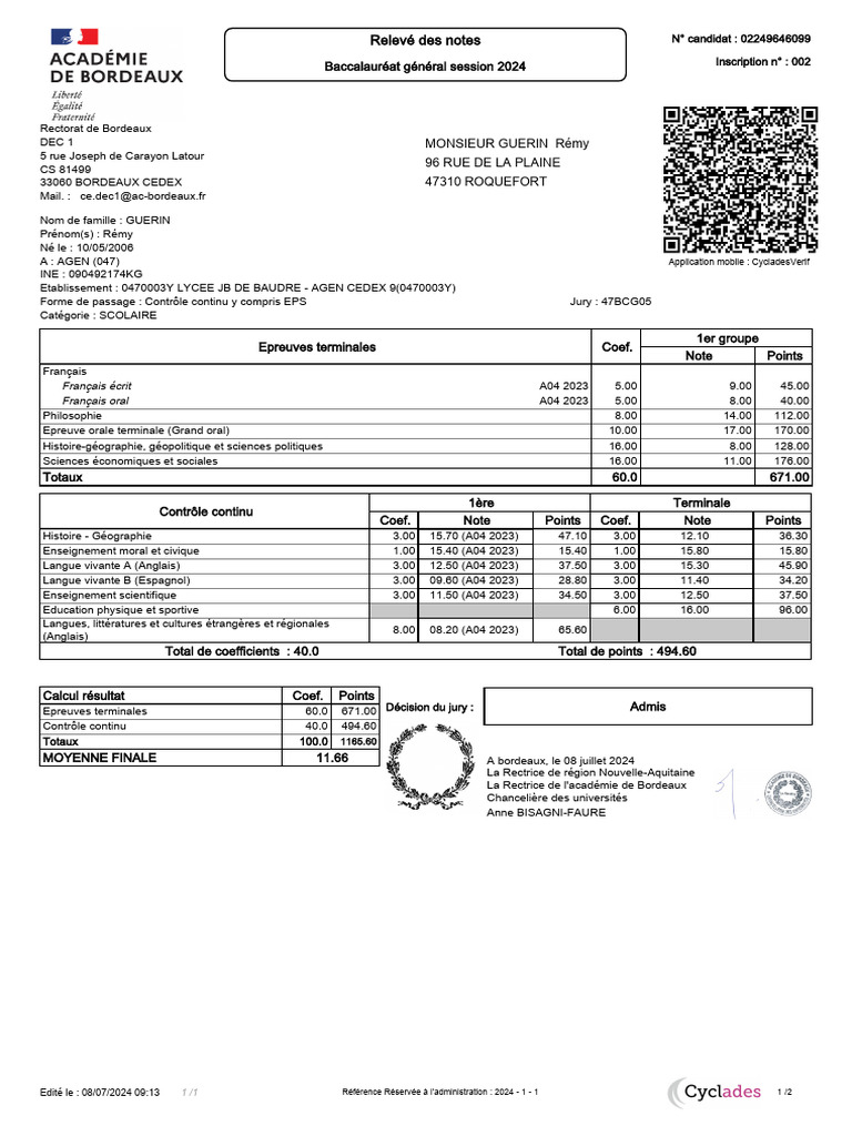 Relevé de notes Baccalauréat 2024 | PDF