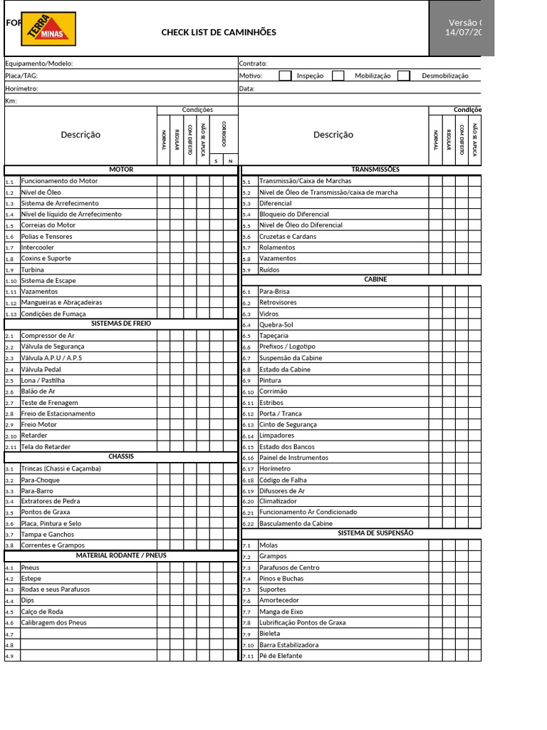 Form 020 - Check List de Caminhões | PDF | Engenharia Mecânica ...