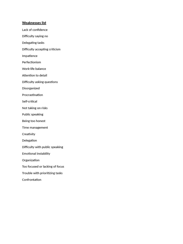 List of Personal Weaknesses | PDF