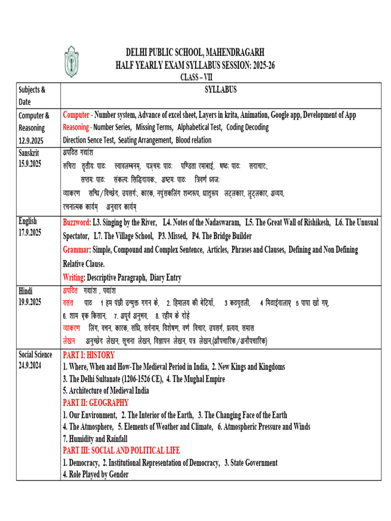Class 7 Half Yearly Exam Syllabus 2025-26 | PDF