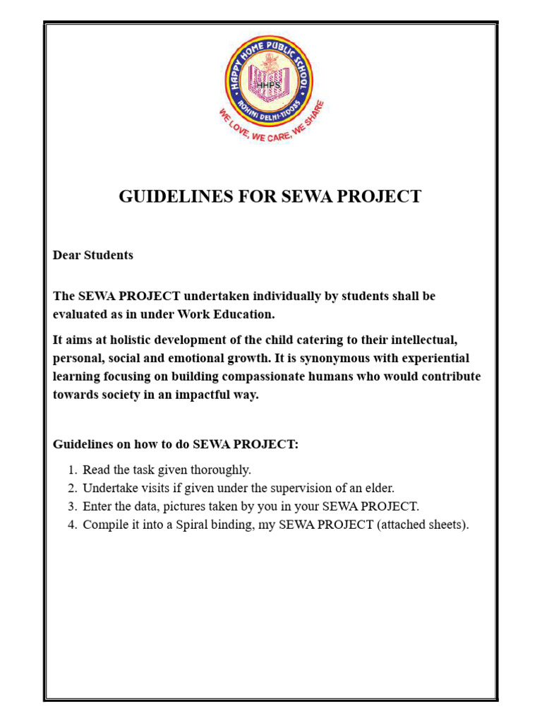 SEWA Project Guidelines for Class 11 | PDF | Psychology | Social Psychology