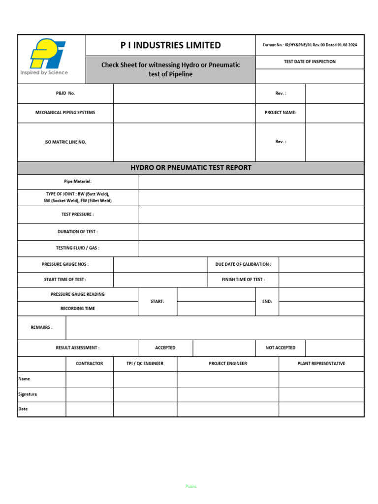 Hydro/Pneumatic Test Report Template | PDF