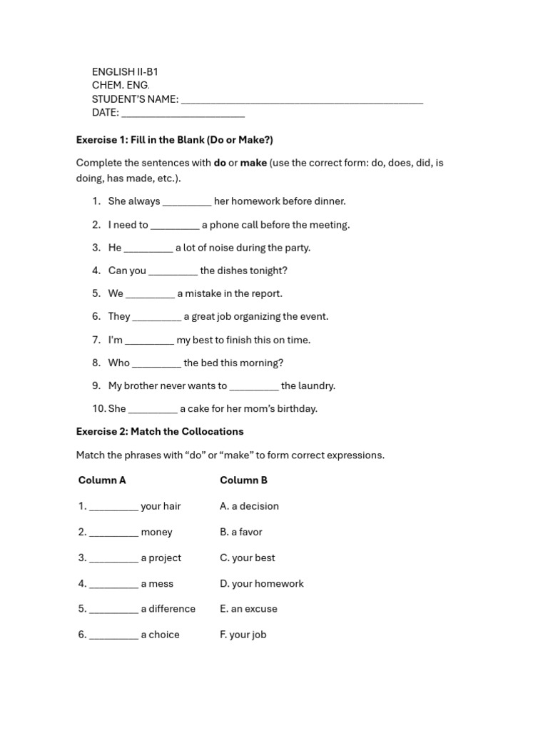 Do vs. Make: Fill in the Blanks Exercise | PDF