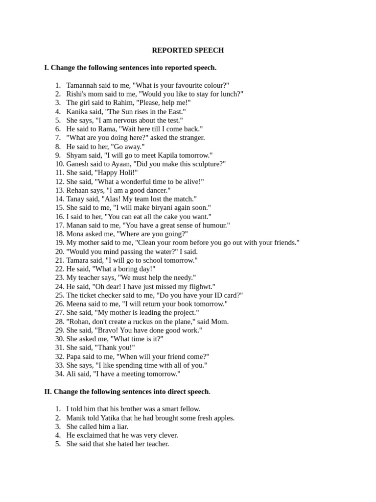Reported and Direct Speech Exercises | PDF