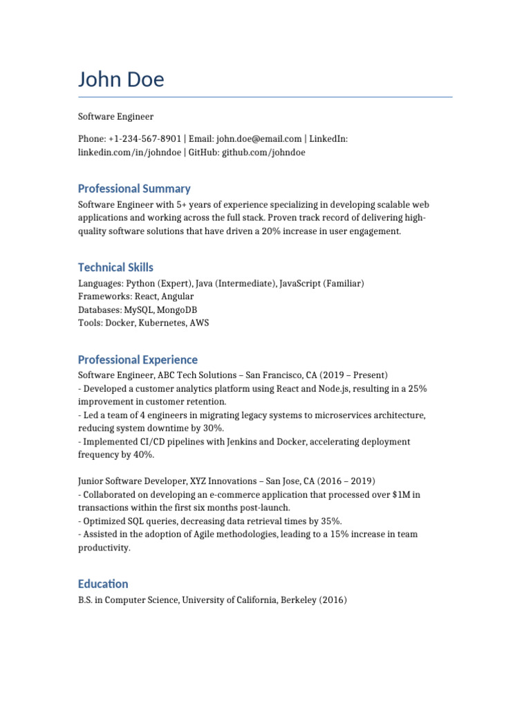 Software Engineer Resume of John Doe | PDF