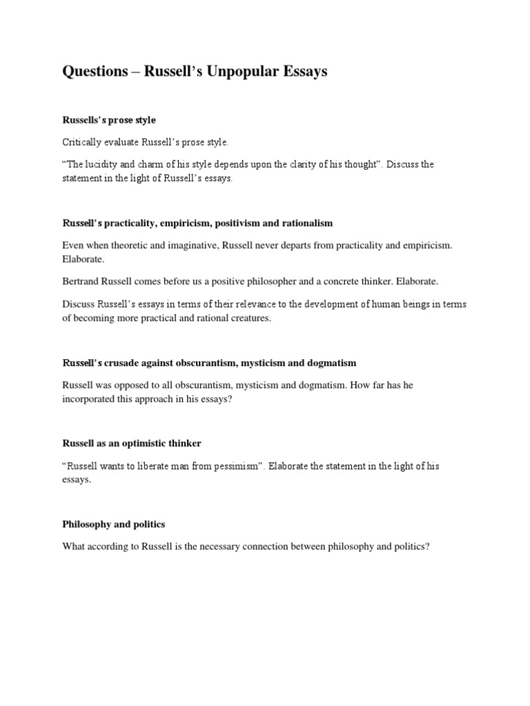 Questions - Russell's Unpopular Essays