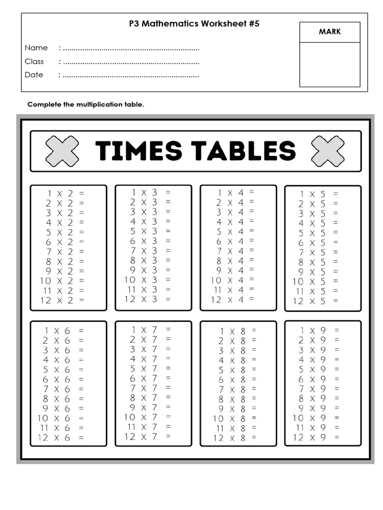 Multiplication Table Worksheet P3 | PDF