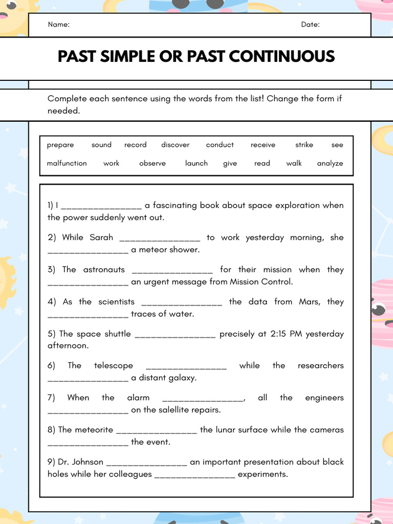 Past Simple or Past Continuous Grammar Worksheet in Illustrative Style ...