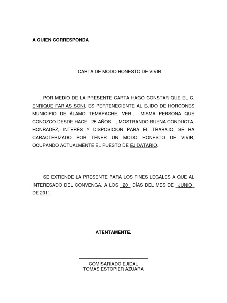 Carta de Modo Honesto de Vivir