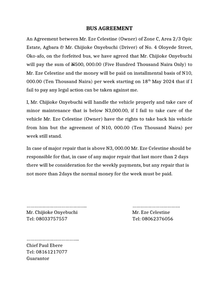 Bus Payment Agreement Between Owner and Driver | PDF