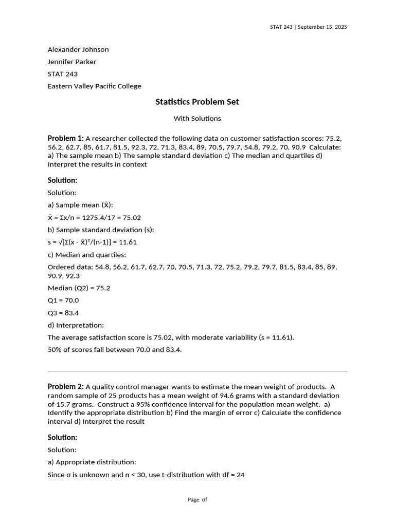 Statistics Problem Set with Solutions | PDF | Median | Standard Deviation