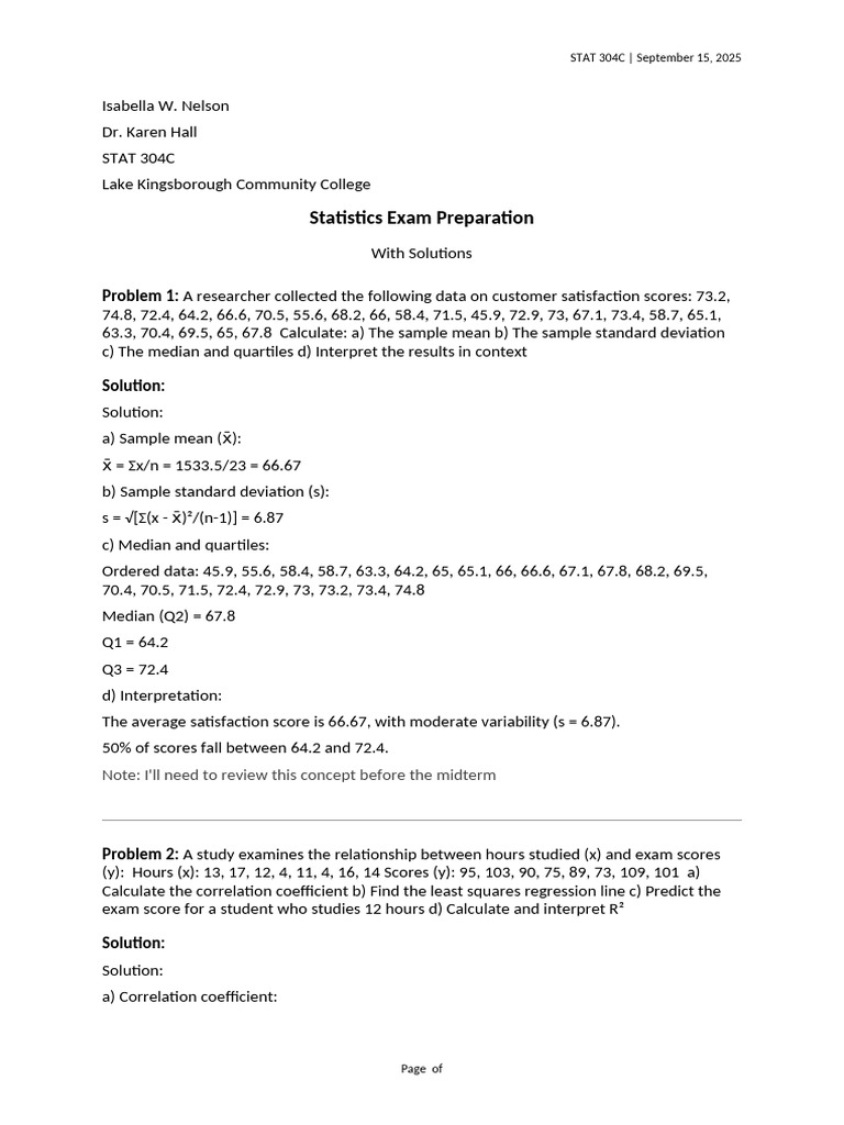 Statistics Exam Prep with Solutions | PDF | Statistical Inference ...