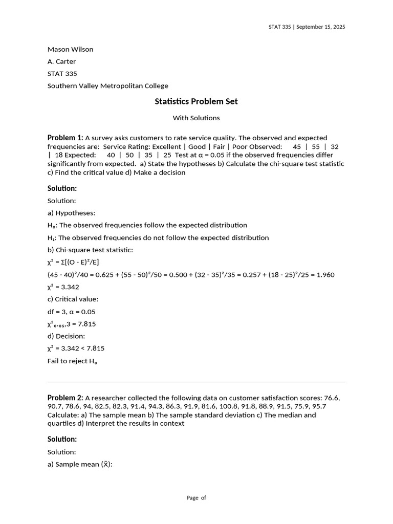 Statistics Problem Set Solutions | PDF | Standard Deviation ...