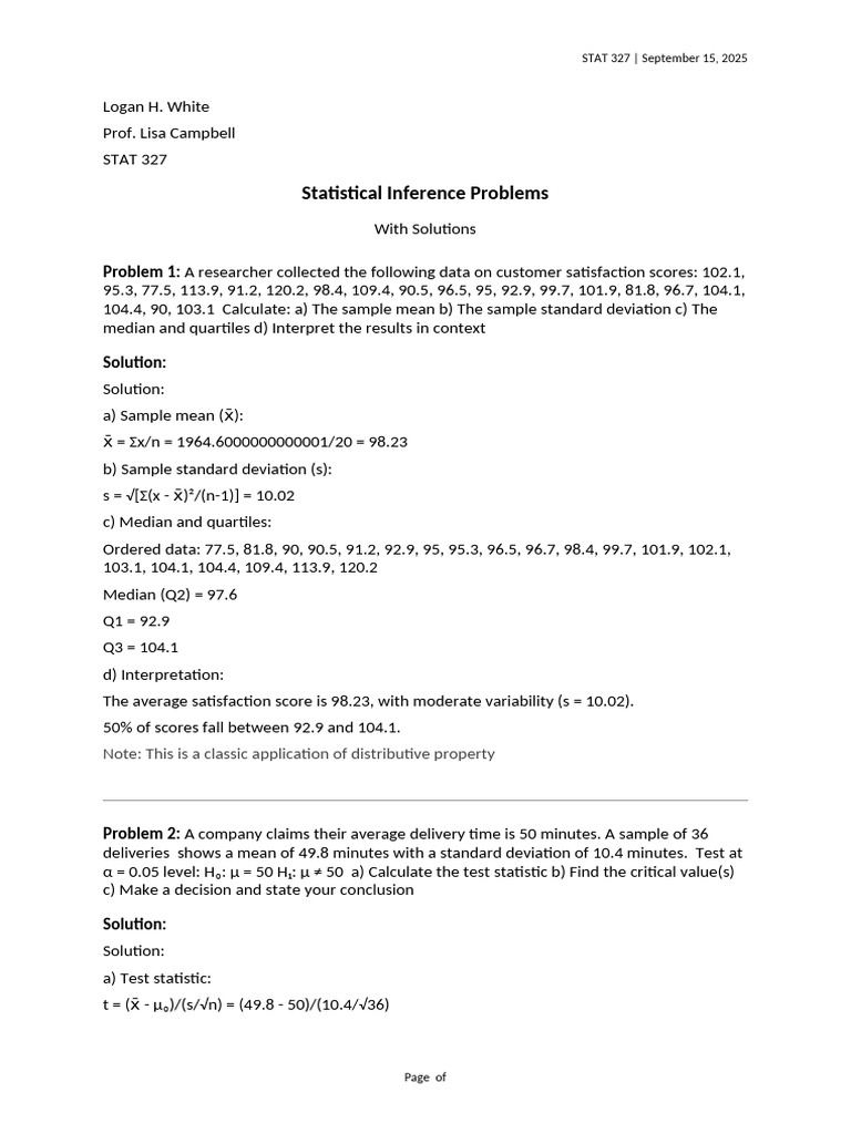 Statistical Inference Problems and Solutions | PDF | Median | Standard ...