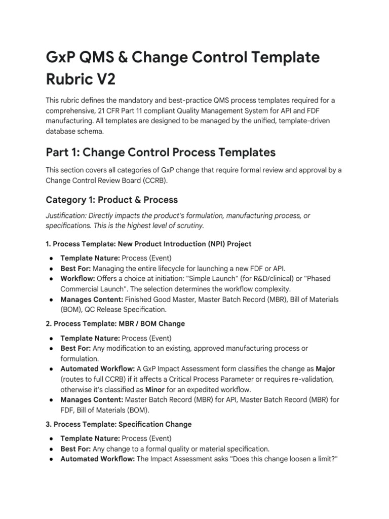 GXP QMS & Change Control Template Rubric V2 | PDF | Risk ...