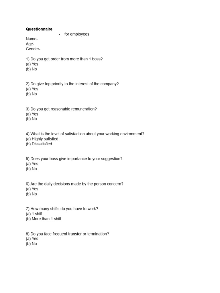 Employee Satisfaction Questionnaire | PDF