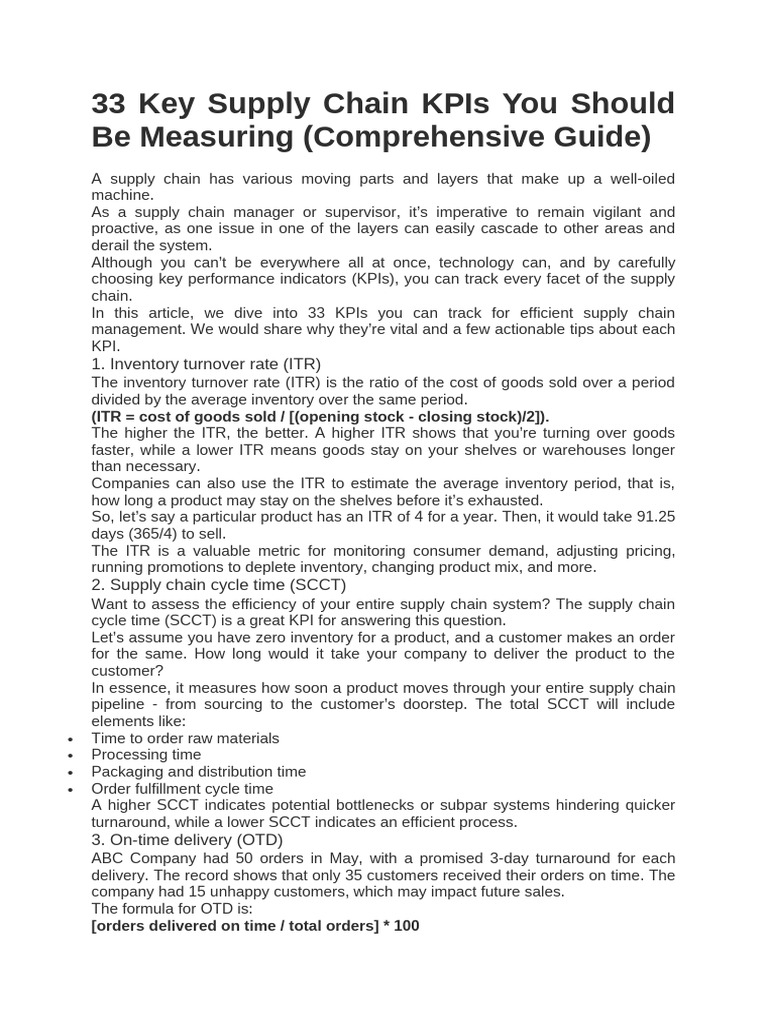 33 Essential Supply Chain KPIs Explained | PDF | Inventory ...