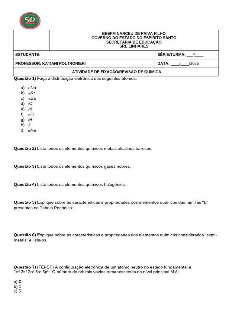 Atividade de Química: Distribuição Eletrônica e Elementos | PDF