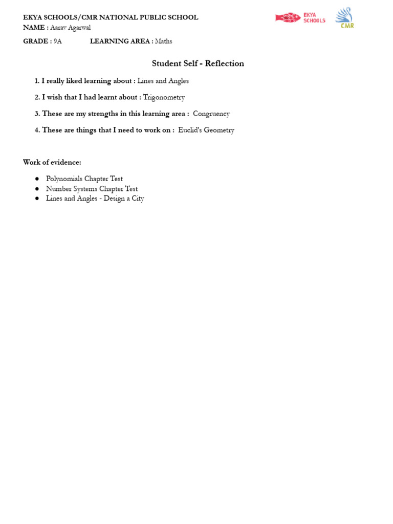 Aarav's 9A Maths Self-Reflection | PDF