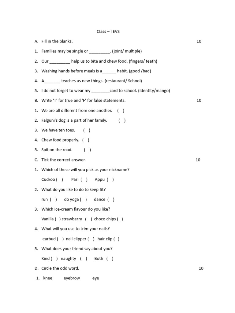 Class I EVS Worksheet Activities | PDF