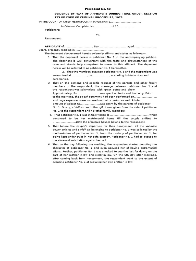 Affidavit for Maintenance Under CrPC 125 | PDF | Affidavit