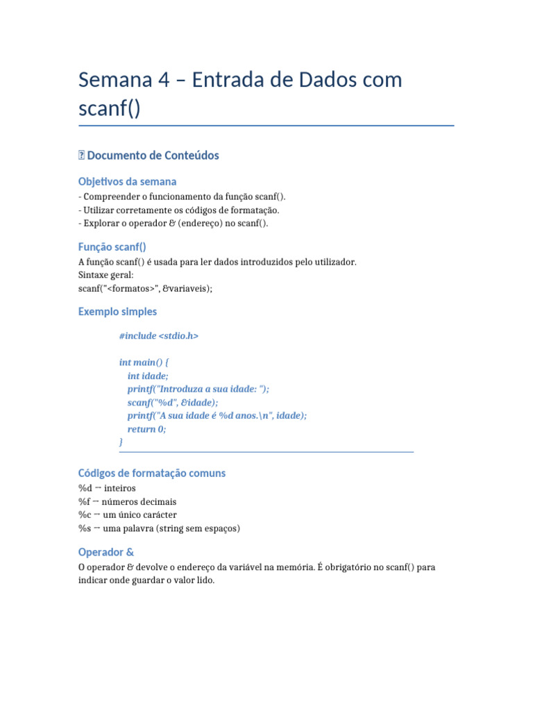 Função scanf() em C: Guia e Exercícios | PDF | Engenharia da Computação ...