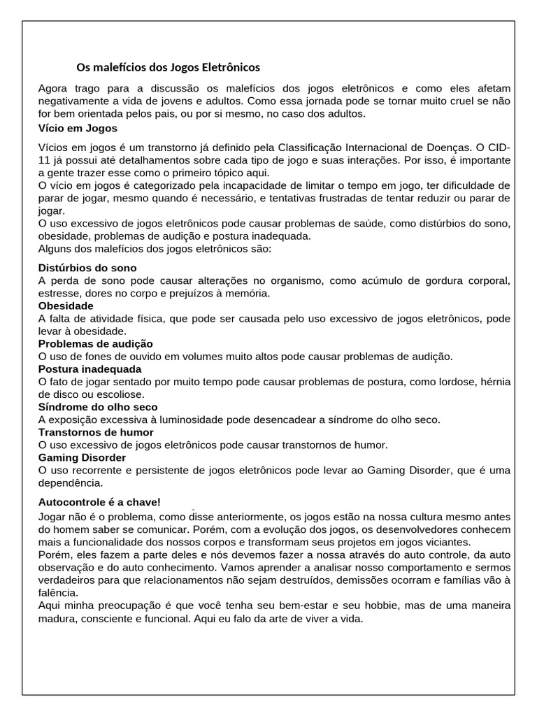 Malefícios dos Jogos Eletrônicos | PDF | Obesidade | Videogames