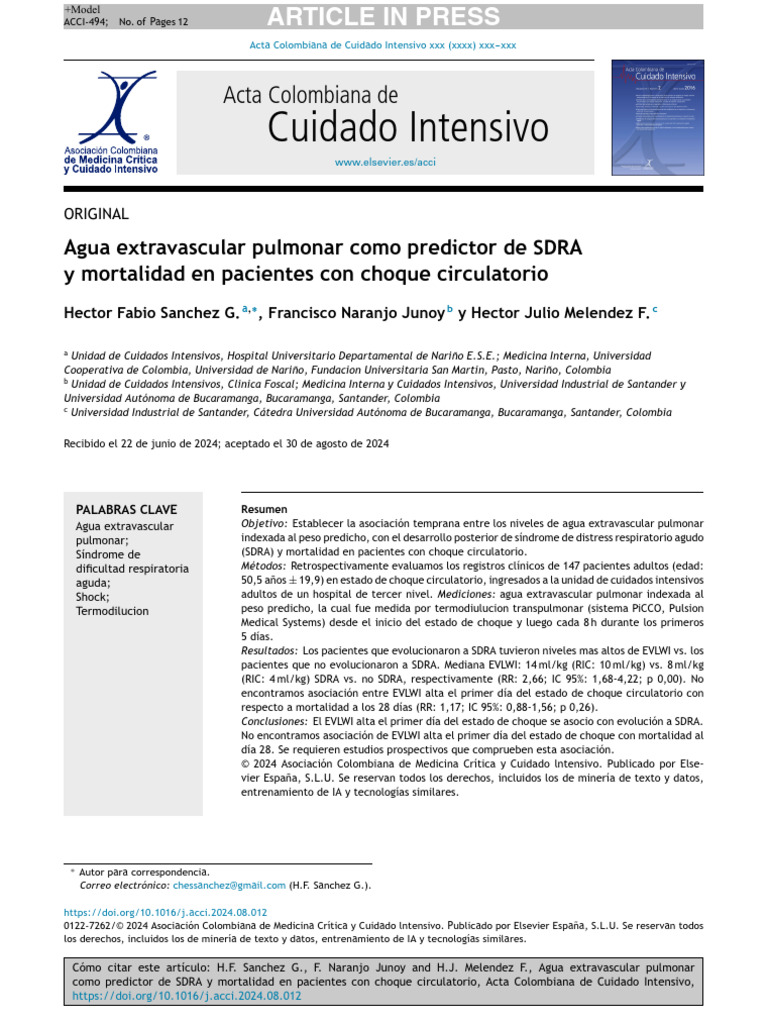 Agua Extravascular Pulmonar Como Predictor de SDRA y Mortalidad | PDF ...