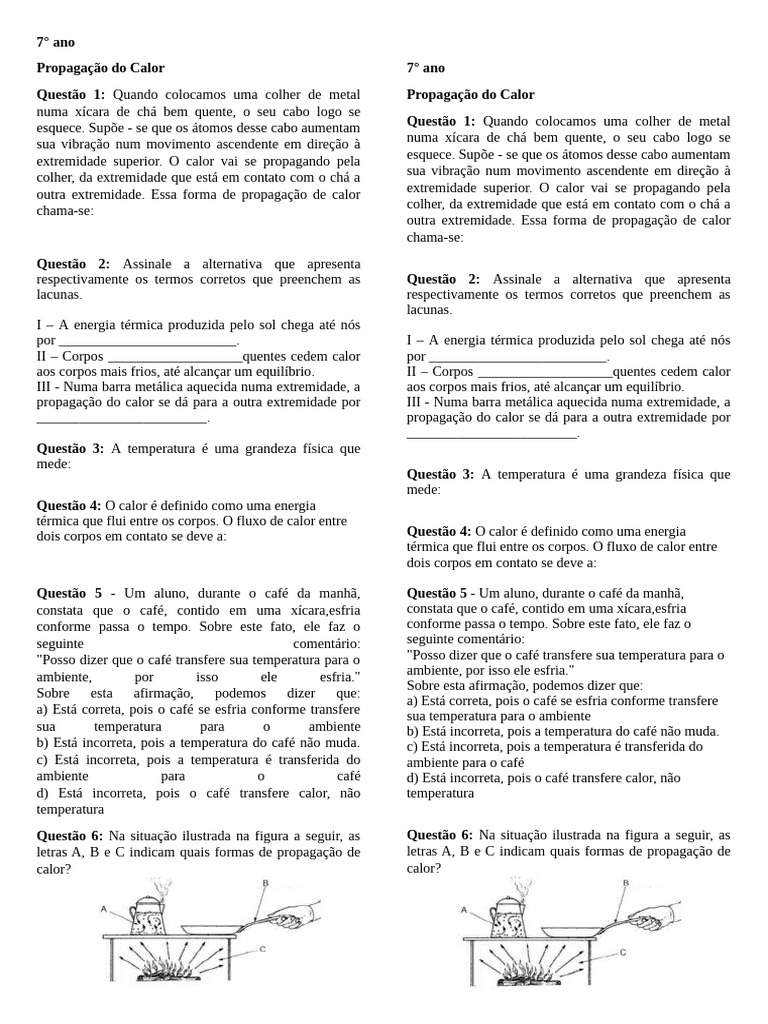 Propagação do Calor no 7° Ano | PDF | Calor | Temperatura