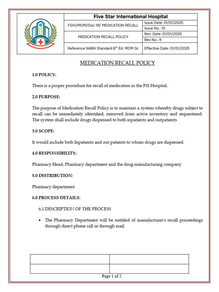 Hospital Medication Recall Policy | PDF | Pharmacy | Hospital