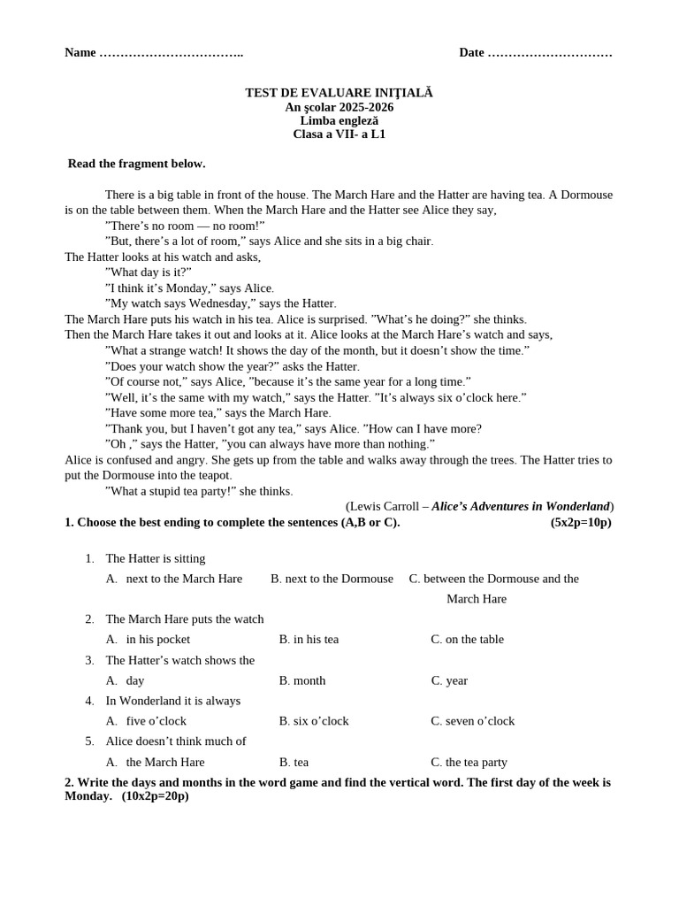 7th Grade Initial Test | PDF | Alice's Adventures In Wonderland